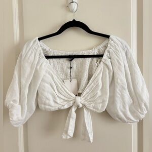 Zara White Linen Puff Sleeve Top XS